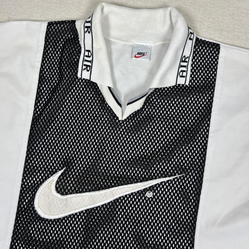 Vintage 90s Nike Air‎ Polo Shirt Mens L Black White Mesh Soccer Jersey Retro